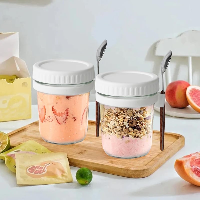 Aoyfuwell 300ml Üveg Reggelizőpohár Fedővel és Kanállal - Müzli, Joghurt, Saláta Tárolásához