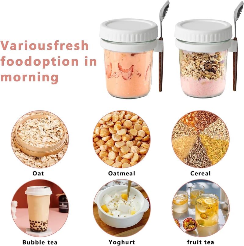 Aoyfuwell 300ml Üveg Reggelizőpohár Fedővel és Kanállal - Müzli, Joghurt, Saláta Tárolásához