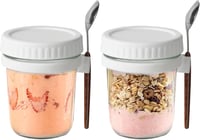 Aoyfuwell 300ml Üveg Reggelizőpohár Fedővel és Kanállal - Müzli, Joghurt, Saláta Tárolásához 1
