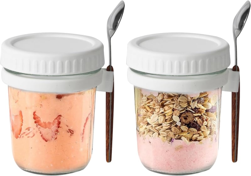 Aoyfuwell 300ml Üveg Reggelizőpohár Fedővel és Kanállal - Müzli, Joghurt, Saláta Tárolásához