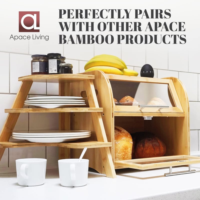 Apace Living Bamboo Kenyértartó - Nagy Méretű 90L Tárolódoboz 2 Polccal és Betekintő Ablakkal, Természetes Bambusz, 40x26x37 cm