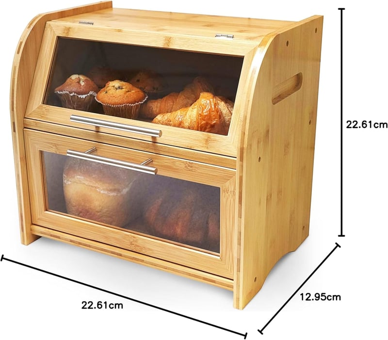 Apace Living Bamboo Kenyértartó - Nagy Méretű 90L Tárolódoboz 2 Polccal és Betekintő Ablakkal, Természetes Bambusz, 40x26x37 cm