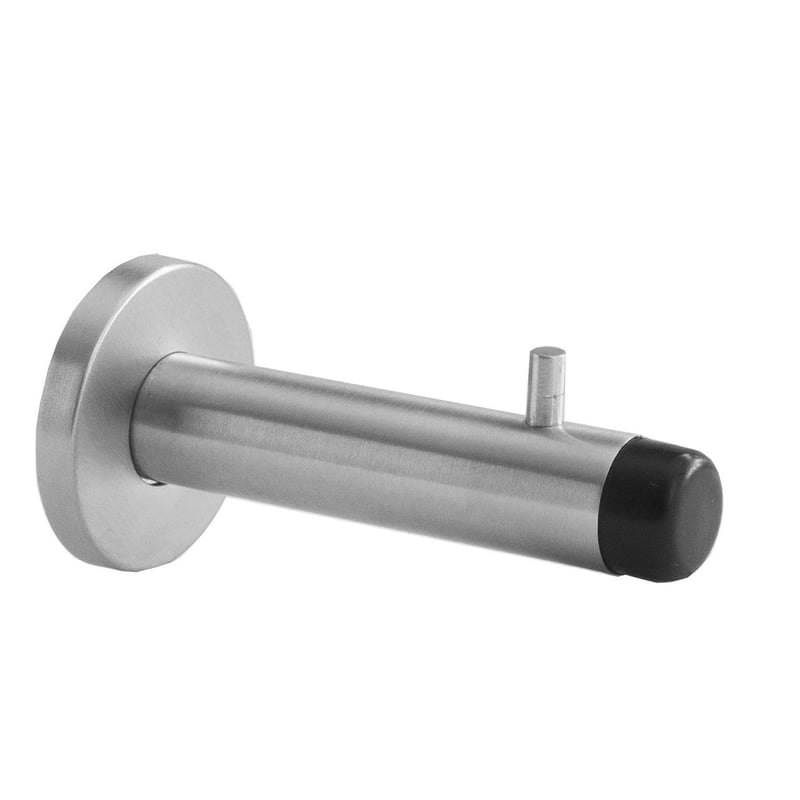 Nástenná dverová zarážka Aperit s háčikom, nehrdzavejúca oceľ, s čiernym gumeným dorazom - 18 x 91 mm
