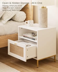 Apetaccat Rattan Éjjeliszekrény Fehér Boho Stílusú Fiókkal és Polccal 47x39x54cm - White 5