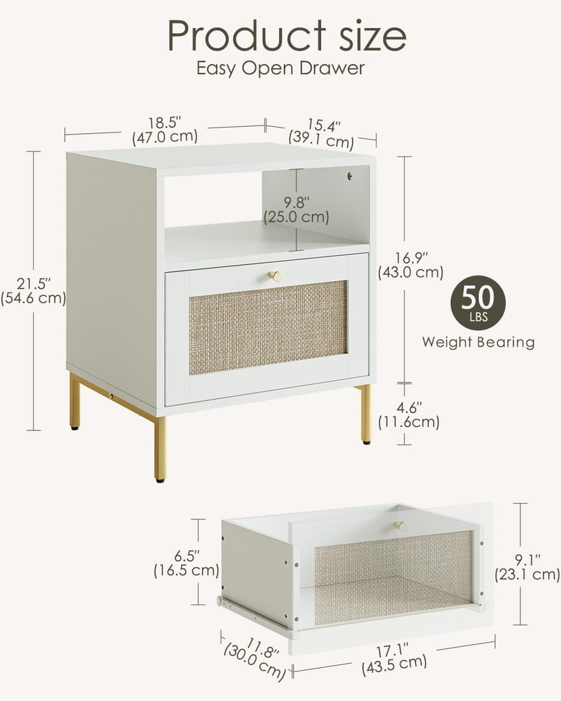 Apetaccat Rattan Éjjeliszekrény Fehér Boho Stílusú Fiókkal és Polccal 47x39x54cm - White