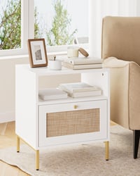 Apetaccat Rattan Éjjeliszekrény Fehér Boho Stílusú Fiókkal és Polccal 47x39x54cm - White 3