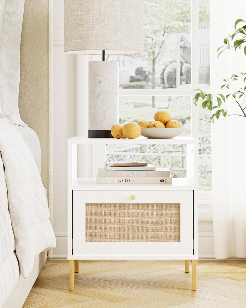 Apetaccat Rattan Éjjeliszekrény Fehér Boho Stílusú Fiókkal és Polccal 47x39x54cm - White