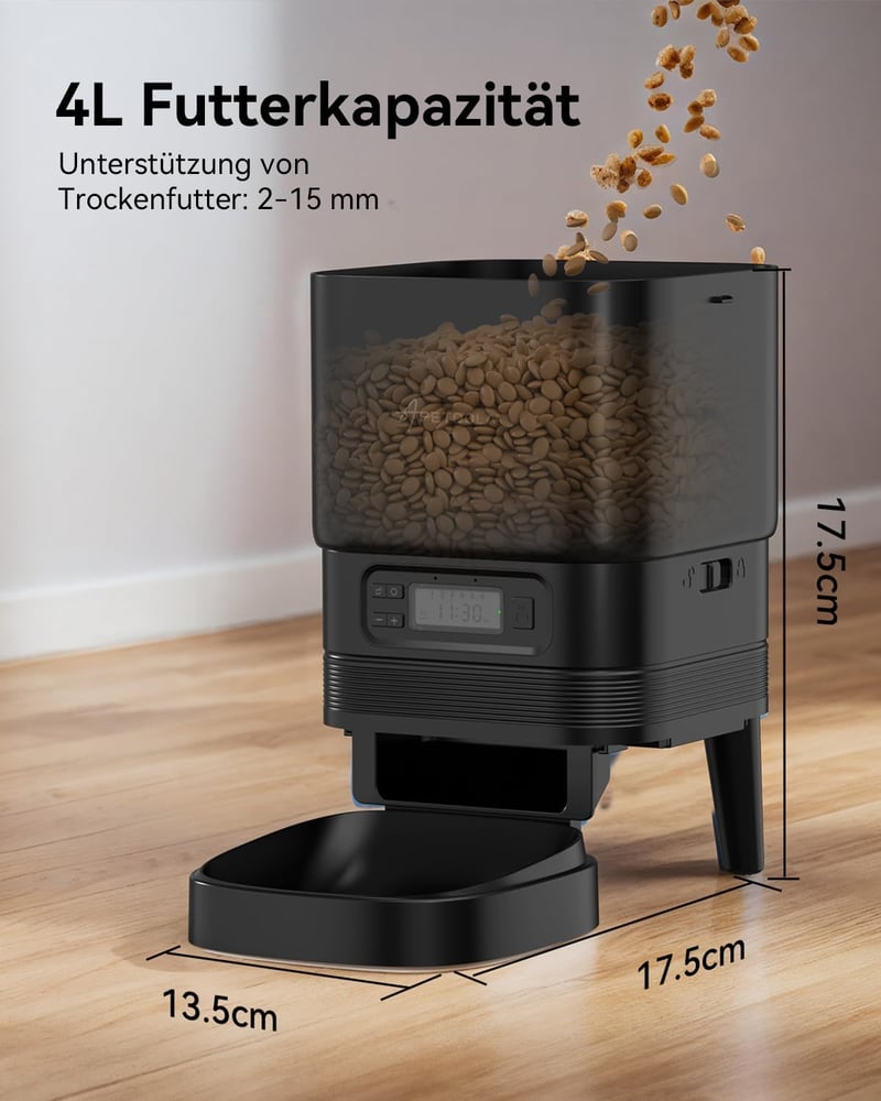APETDOLA Automata Kisállat Etető - 4L Kapacitás, Időzíthető Adagoló Kutyáknak és Macskáknak, 6 Étkezés Programozható, Fekete FD30