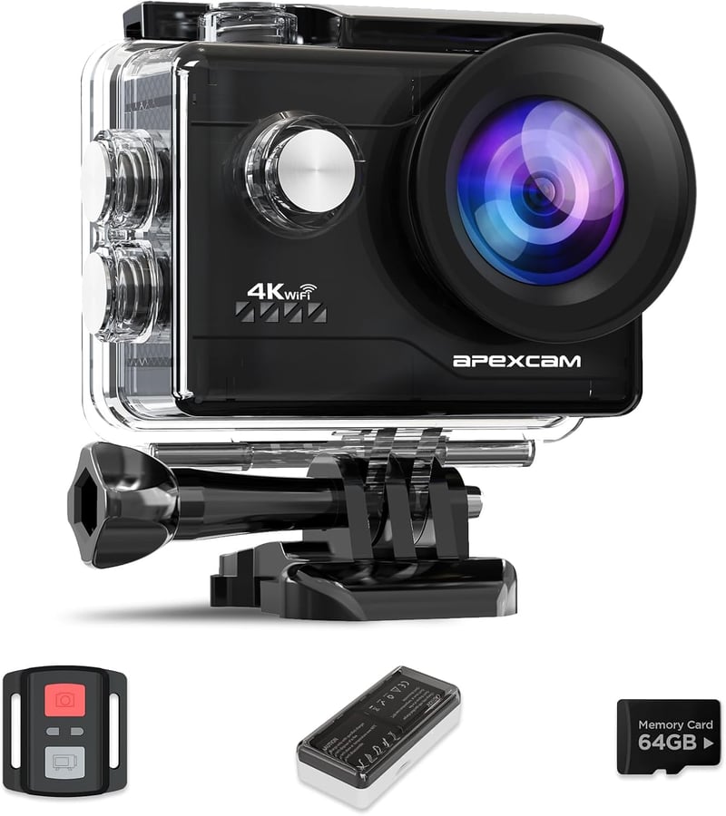 Apexcam M80Air 4K60FPS Akciókamera 64MP WiFi - 40m Vízálló, Képstabilizátoros Sportkamera 8x Zoommal, 170° Látószöggel, Távirányítóval, 64GB