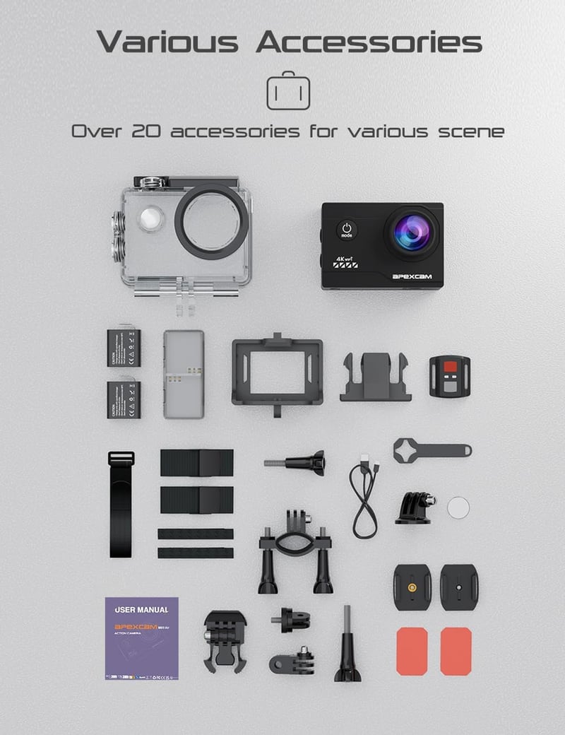 Apexcam M80Air 4K60FPS Akciókamera 64MP WiFi - 40m Vízálló, Képstabilizátoros Sportkamera 8x Zoommal, 170° Látószöggel, Távirányítóval, 64GB