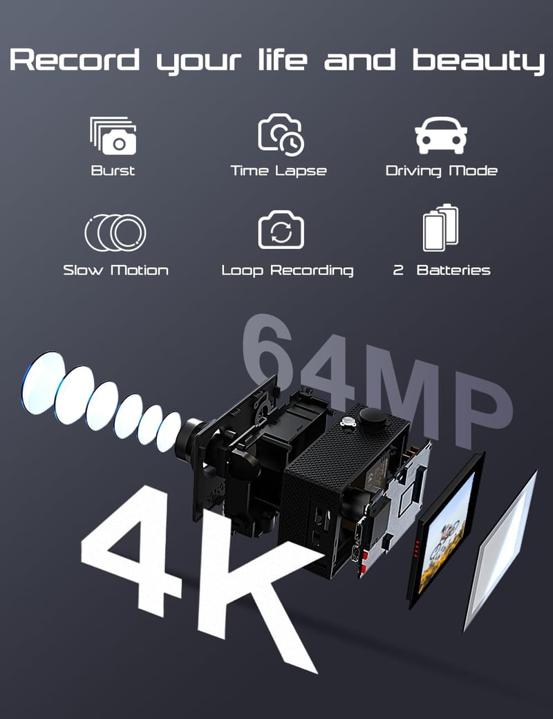 Apexcam M80Air 4K60FPS Akciókamera 64MP WiFi - 40m Vízálló, Képstabilizátoros Sportkamera 8x Zoommal, 170° Látószöggel, Távirányítóval, 64GB