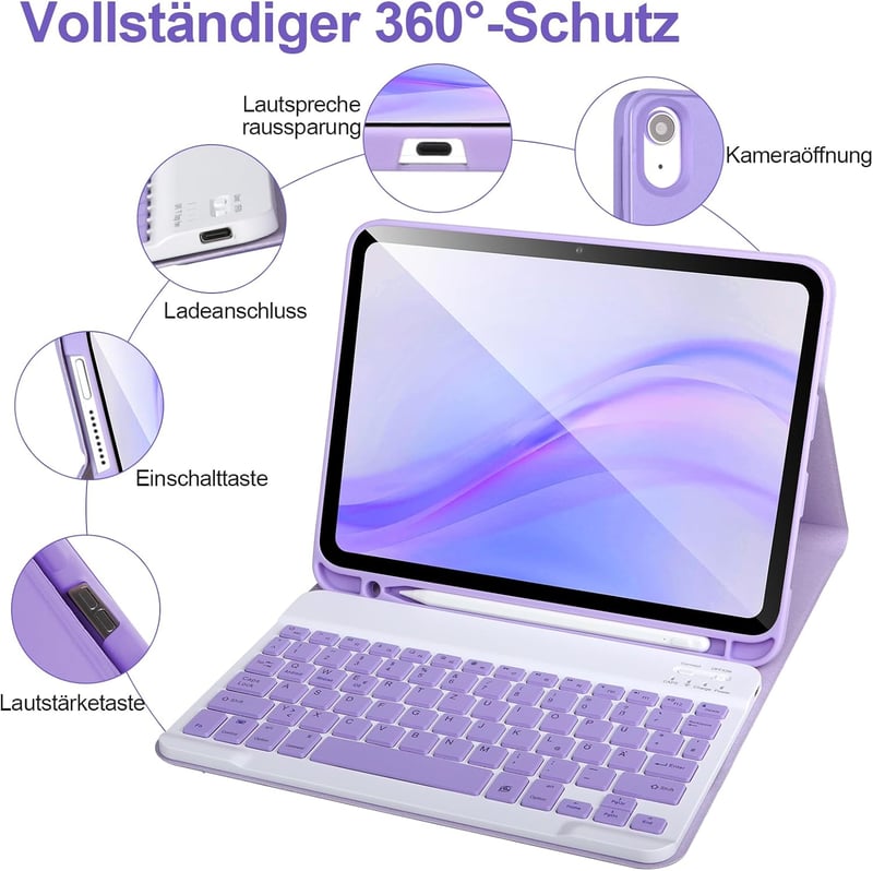 APHBZGE iPad 11/10 generációs billentyűzetes tok, leválasztható Bluetooth billentyűzettel, ceruza tartóval, lila