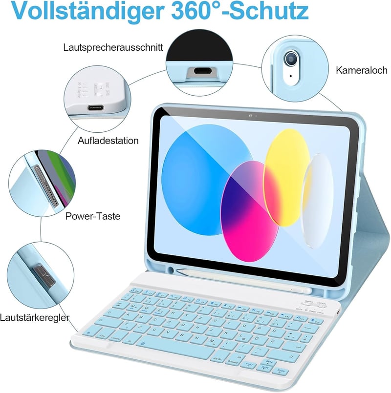 APHBZGE iPad 11/10 generációs billentyűzetes tok, leválasztható Bluetooth billentyűzettel, ceruza tartóval, kék