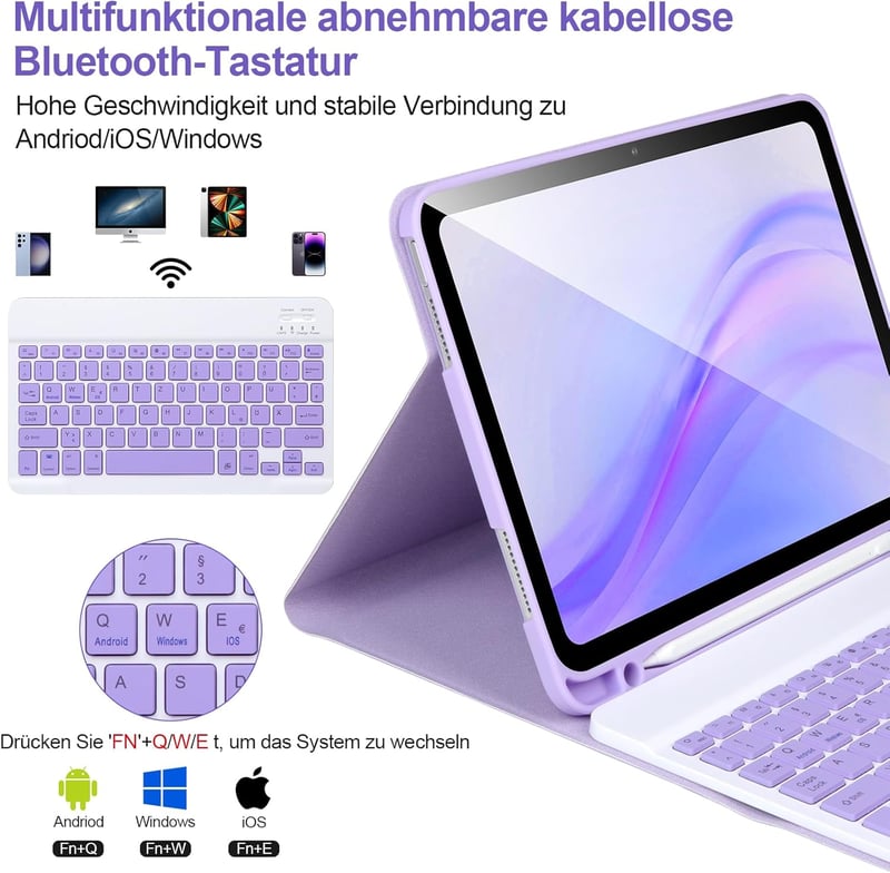 APHBZGE iPad 11/10 generációs billentyűzetes tok, leválasztható Bluetooth billentyűzettel, ceruza tartóval, lila
