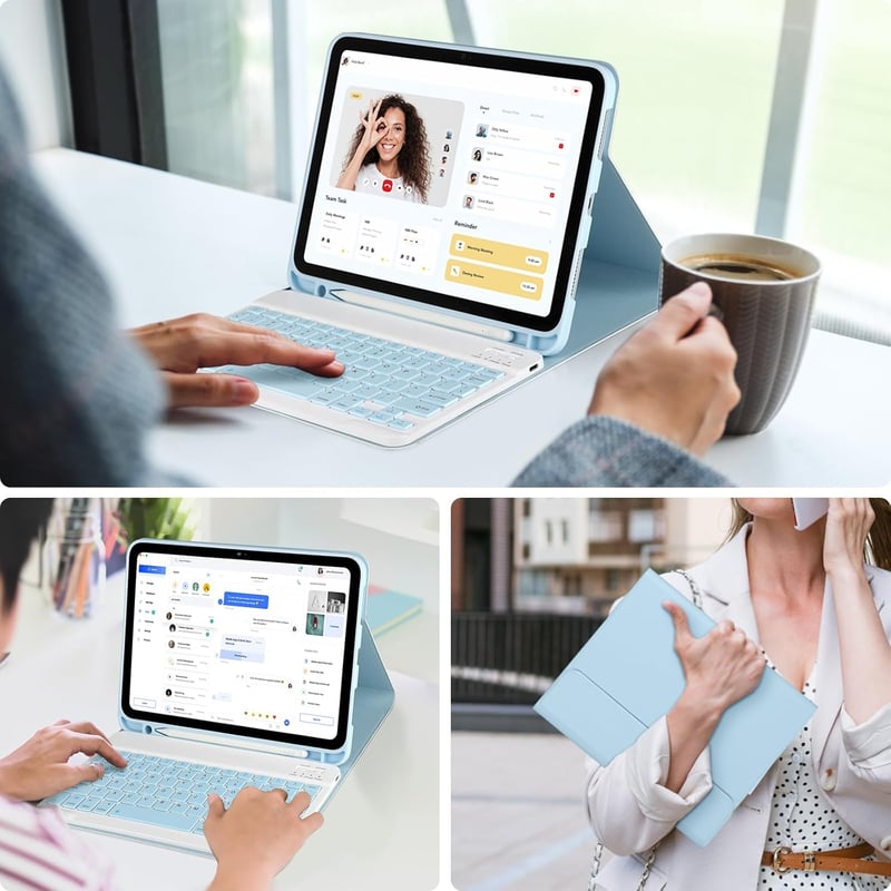 APHBZGE iPad 11/10 generációs billentyűzetes tok, leválasztható Bluetooth billentyűzettel, ceruza tartóval, kék