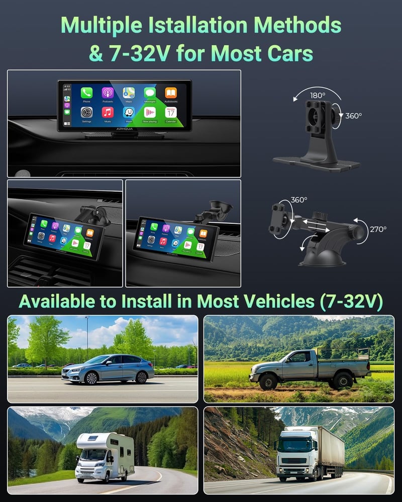aphqua 10.26" Hordozható Autós Kijelző Apple CarPlay Android Auto GPS Navigáció Bluetooth Érintőképernyő IPS Touchscreen USB AUX FM