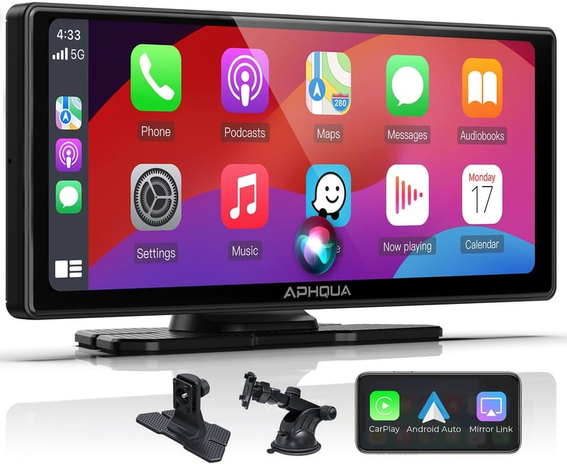 aphqua 10.26" Hordozható Autós Kijelző Apple CarPlay Android Auto GPS Navigáció Bluetooth Érintőképernyő IPS Touchscreen USB AUX FM