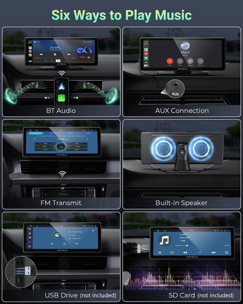aphqua 10.26" Hordozható Autós Kijelző Apple CarPlay Android Auto GPS Navigáció Bluetooth Érintőképernyő IPS Touchscreen USB AUX FM
