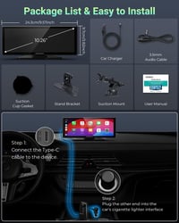 aphqua 10.26" Hordozható Autós Kijelző Apple CarPlay Android Auto GPS Navigáció Bluetooth Érintőképernyő IPS Touchscreen USB AUX FM 7