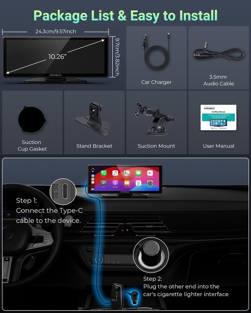aphqua 10.26" Hordozható Autós Kijelző Apple CarPlay Android Auto GPS Navigáció Bluetooth Érintőképernyő IPS Touchscreen USB AUX FM