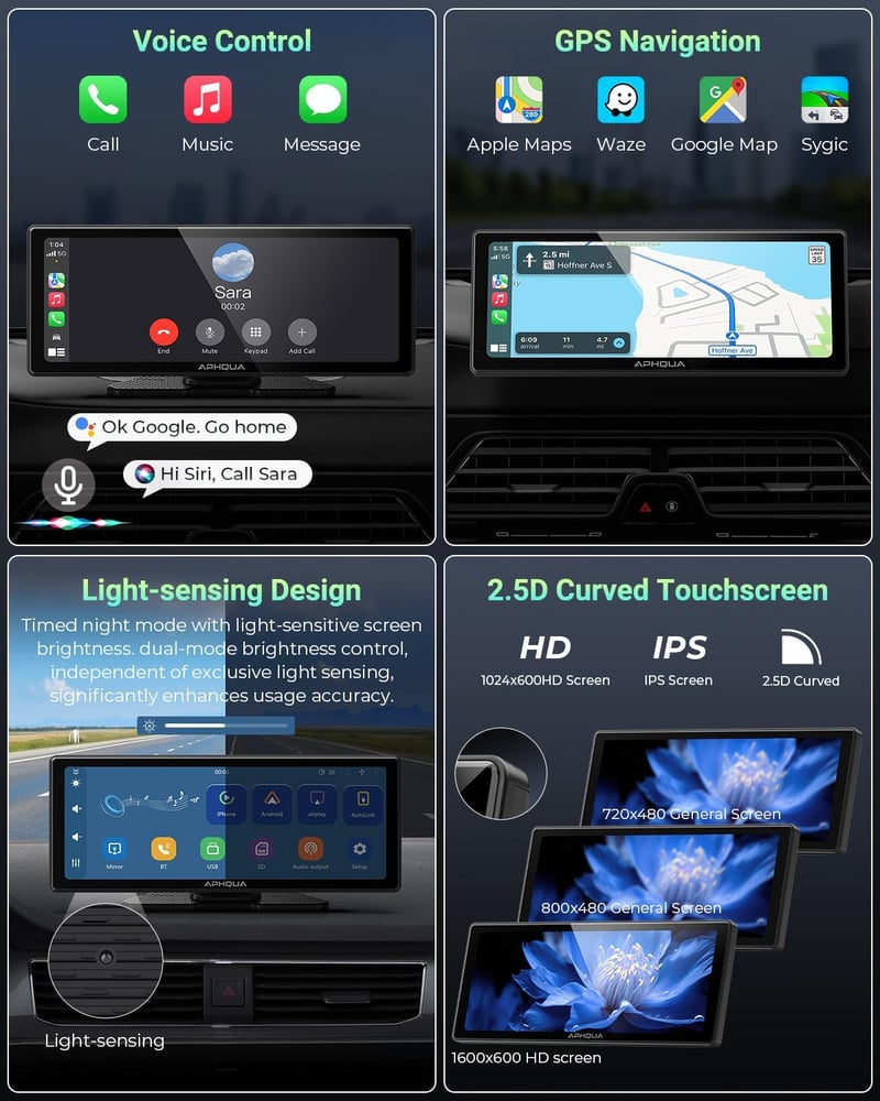 aphqua 10.26" Hordozható Autós Kijelző Apple CarPlay Android Auto GPS Navigáció Bluetooth Érintőképernyő IPS Touchscreen USB AUX FM