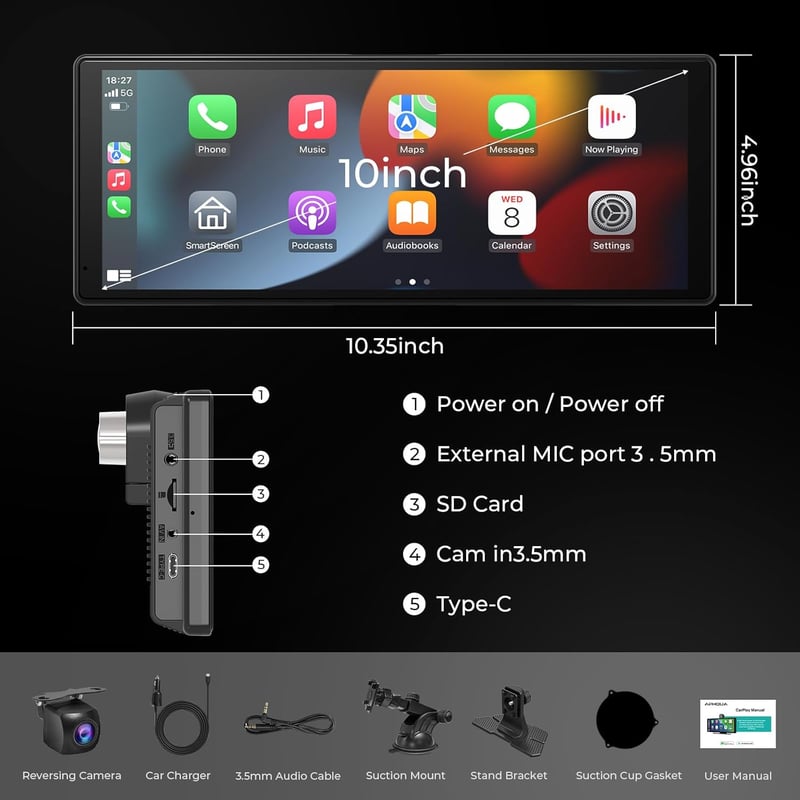 Aphqua 10.26" Wireless CarPlay Android autórádió kamera, Bluetooth, navigáció