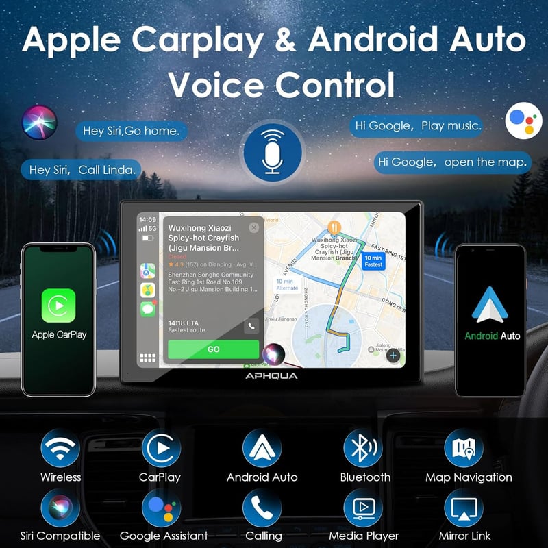 aphqua 7 Hüvelykes Érintőképernyős Autórádió Vezeték Nélküli Apple CarPlay Android Auto Bluetooth Mirror Link Funkciókkal