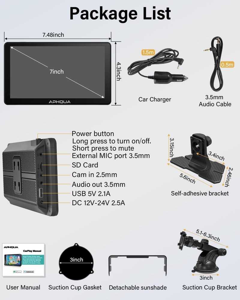 aphqua 7 Hüvelykes Érintőképernyős Autórádió Vezeték Nélküli Apple CarPlay Android Auto Bluetooth Mirror Link Funkciókkal