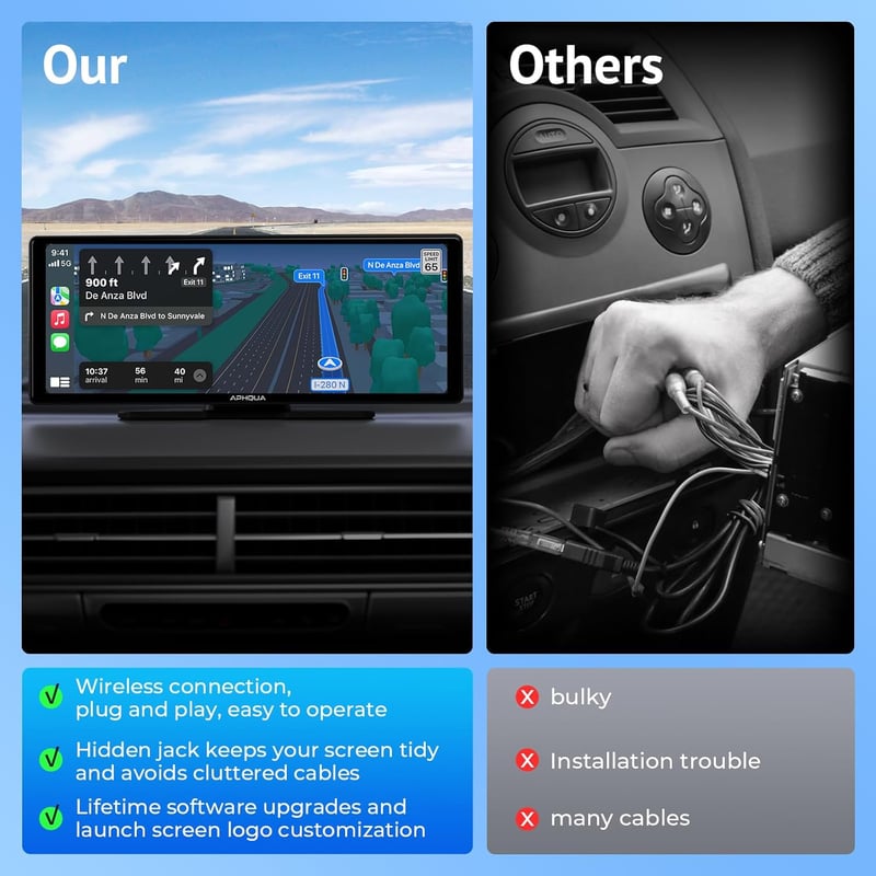 APHQUA Vezeték Nélküli CarPlay Kijelző 9.3 Hüvelyk Érintőképernyő Apple CarPlay Android Auto GPS Navigáció Siri FM Autós Multimédia