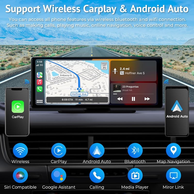 APHQUA Vezeték Nélküli CarPlay Kijelző 9.3 Hüvelyk Érintőképernyő Apple CarPlay Android Auto GPS Navigáció Siri FM Autós Multimédia