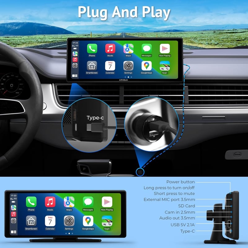 APHQUA Vezeték Nélküli CarPlay Kijelző 9.3 Hüvelyk Érintőképernyő Apple CarPlay Android Auto GPS Navigáció Siri FM Autós Multimédia