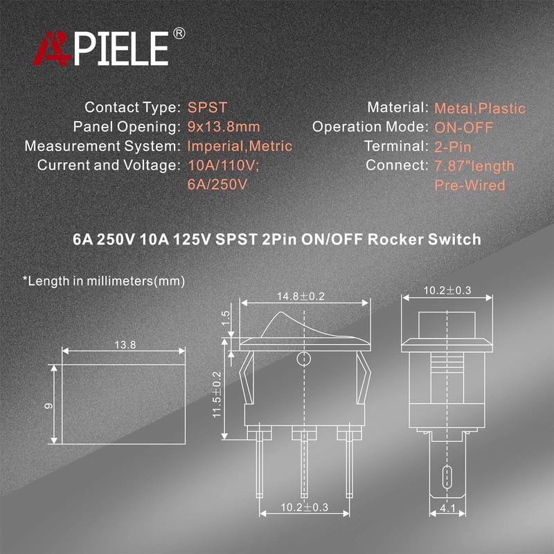 APIELE 20db Billenőkapcsoló SPST 2 Pólusú On/Off 250V 6A Fekete KCD1-1-101