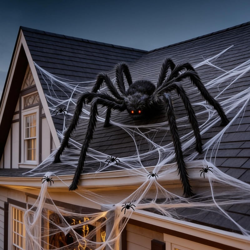 Decoratiune Halloween APKOL, Păianjen Uriaș XXL 200 cm, Negru, Decor înfricoșător de Halloween pentru exterior