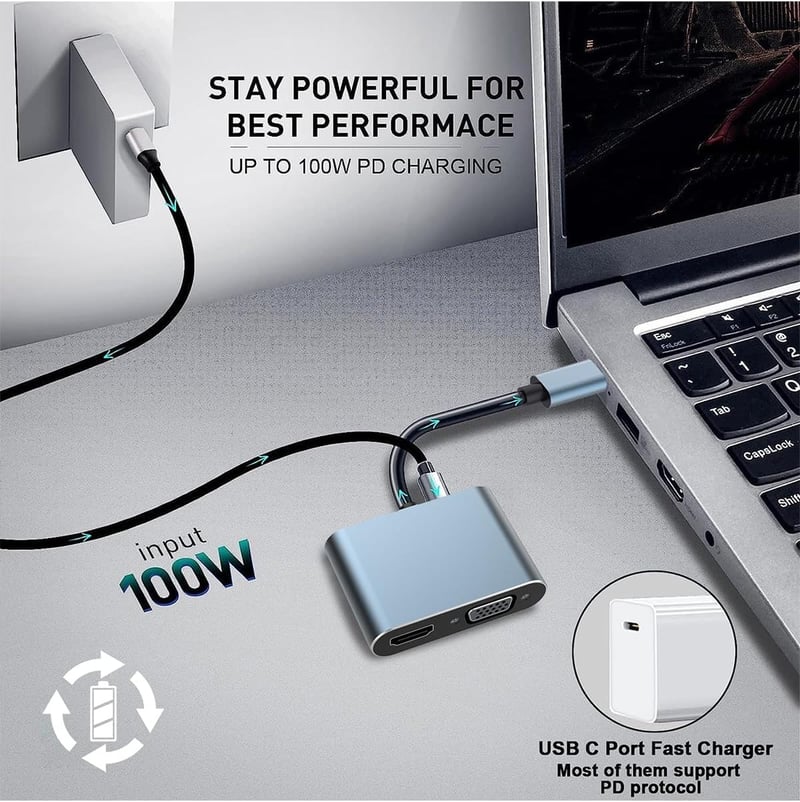 Aplimln USB-C 4-in-1 Multiport Adapter - 4K HDMI/VGA/USB 3.0/100W PD Töltés - MacBook, Chromebook, HDTV Kompatibilis Átalakító