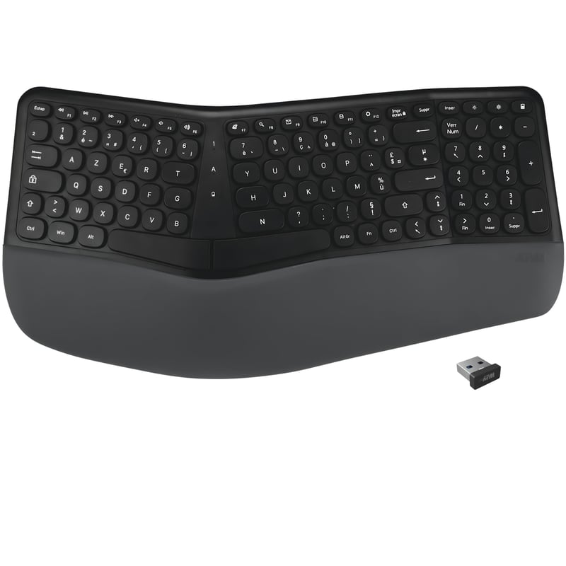 Ergonomická bezdrôtová klávesnica APM s 2,4 GHz prijímačom, vstavanou opierkou na zápästie, francúzskym rozložením AZERTY, deleným dizajnom, pre PC a Mac