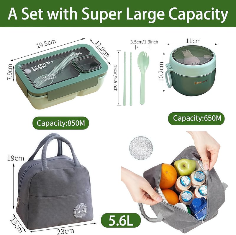 ApollOptimum 850ml Bento Ebéddoboz Táskával és Evőeszközzel, Compartmentes Ételhordó Felnőtteknek és Gyerekeknek