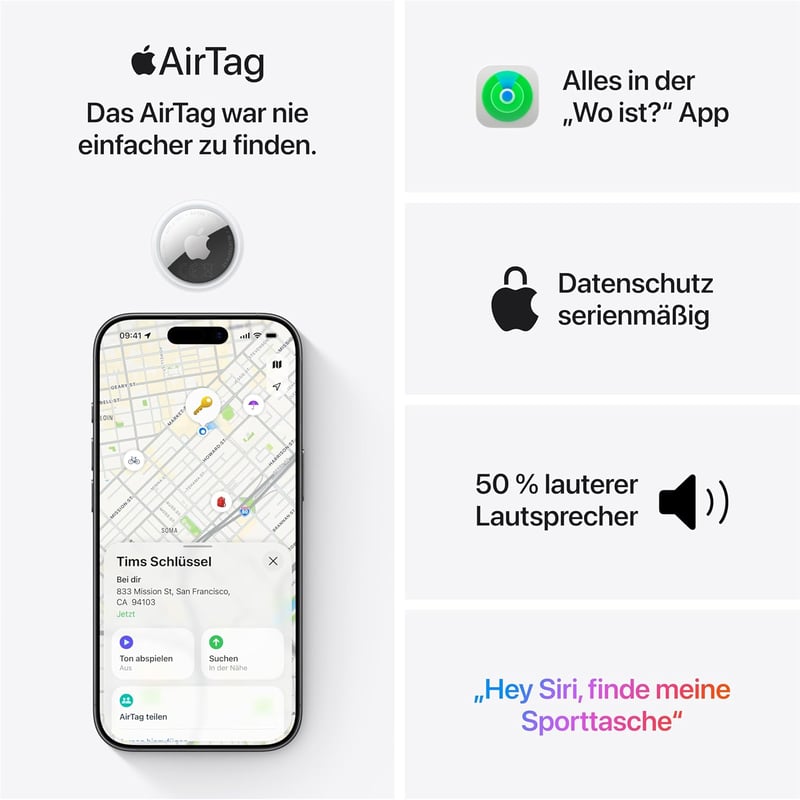 Apple AirTag 2. generáció - Kulcskarikára, tárcára, Bluetooth nyomkövető hanggal - Packung mit 1