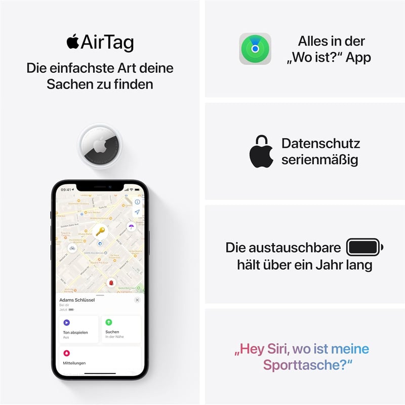 Apple AirTag Bluetooth nyomkövető kulcsokhoz, táskákhoz, csomagokhoz - Cserélhető elem - Pack of 1