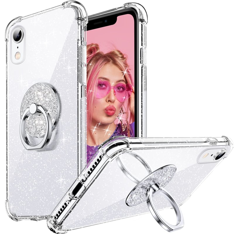 Prozirna maska za Apple iPhone XR sa sjajnim šljokicama, otporna na udarce, s prstenom