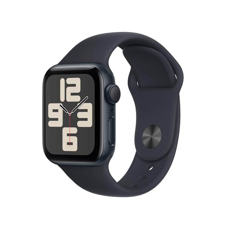Apple Watch SE (2. generácia, 2023) GPS 40 mm inteligentné hodinky s hliníkovým puzdrom a športovým remienkom veľkosti M/L v polnočnej čiernej farbe, sledovanie fitness a spánku, Retina displej