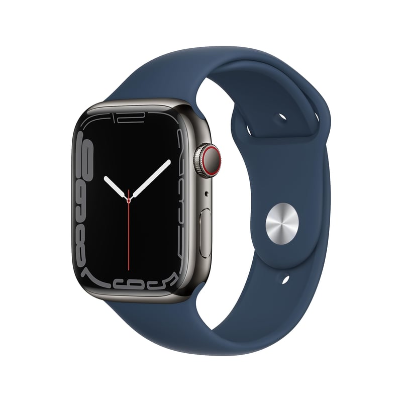 Inteligentné hodinky Apple Watch Series 7 GPS + Cellular 45 mm – Puzdro z grafitovej nehrdzavejúcej ocele, športový remienok v abyss modrej – Hladina kyslíka v krvi, EKG, Always-On Retina displej