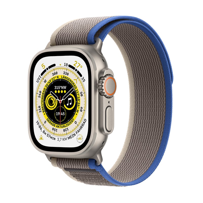 Apple Watch Ultra GPS + Cellular 49 mm titánové puzdro, remienok Trail Loop modrý/sivý, veľkosť M/L, inteligentné hodinky, fitness tracker, dlhá výdrž batérie, Retina displej