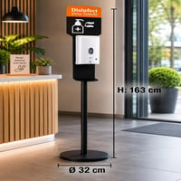 Dezinfekčný stojan a dávkovač APS 98250 – Kov, čierna farba, priemer 32 cm, výška 163 cm, 1-litrová nádržka 2