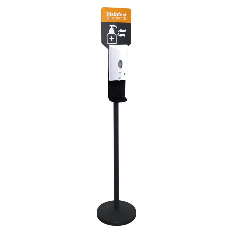 Dezinfekčný stojan a dávkovač APS 98250 – Kov, čierna farba, priemer 32 cm, výška 163 cm, 1-litrová nádržka