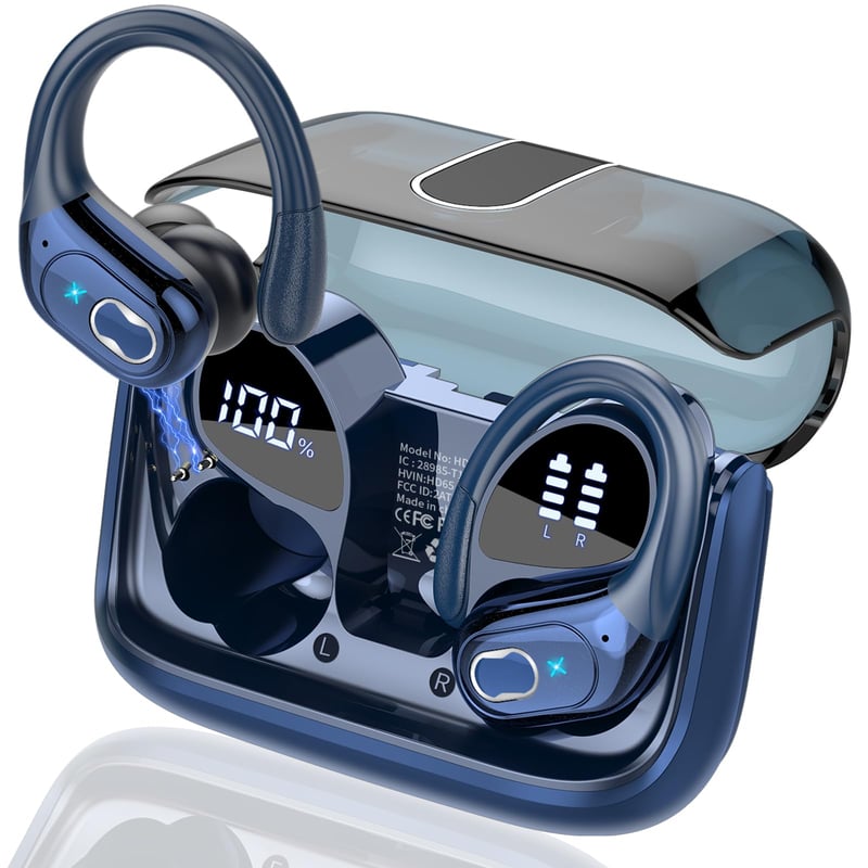 Căști sport Aptkdoe Bluetooth 5.4 cu baterie de 75 ore, sunet HiFi stereo, microfon ENC, rezistență la apă IPX7, afișaj LED, control prin aplicație, albastru