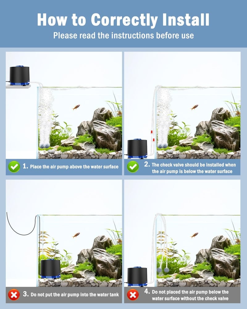 AQQA Aquarium Air Pump, 360 L/H Oxygen Pump, Aquarium Sufficient Oxygen Supply, Ultra Quiet Operation, 2 Adjustable Air Outlets for Aquariums up to 300 L (3 W) - 3W up to 300L