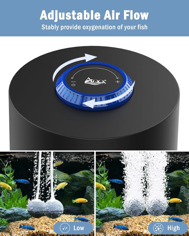 AQQA Aquarium Air Pump, 360 L/H Oxygen Pump, Aquarium Sufficient Oxygen Supply, Ultra Quiet Operation, 2 Adjustable Air Outlets for Aquariums up to 300 L (3 W) - 3W up to 300L