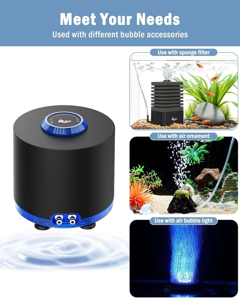 AQQA Aquarium Air Pump, 360 L/H Oxygen Pump, Aquarium Sufficient Oxygen Supply, Ultra Quiet Operation, 2 Adjustable Air Outlets for Aquariums up to 300 L (3 W) - 3W up to 300L