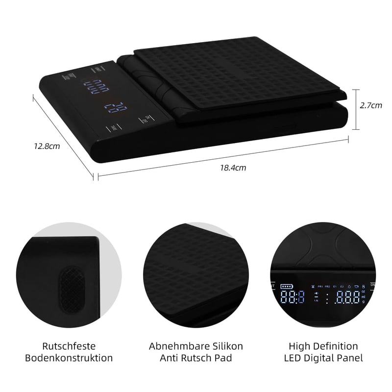 Aqualin LED digitális kávéskála 3kg, 0,1g pontosság, időzítővel, barista mérleg