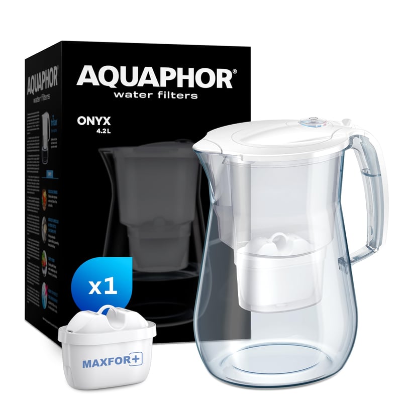 Filtračná kanvica AQUAPHOR Onyx, biela, 4,2 l – s filtračnou vložkou Maxfor+, dizajn so vzhľadom skla, proti vodnému kameňu a chlóru